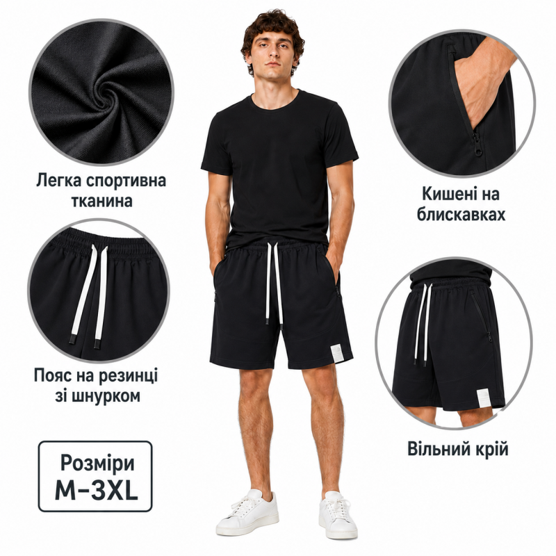 Чоловічі літні шорти NF з тканини холодок з кишенями на блискавках,Чорний, XXXL