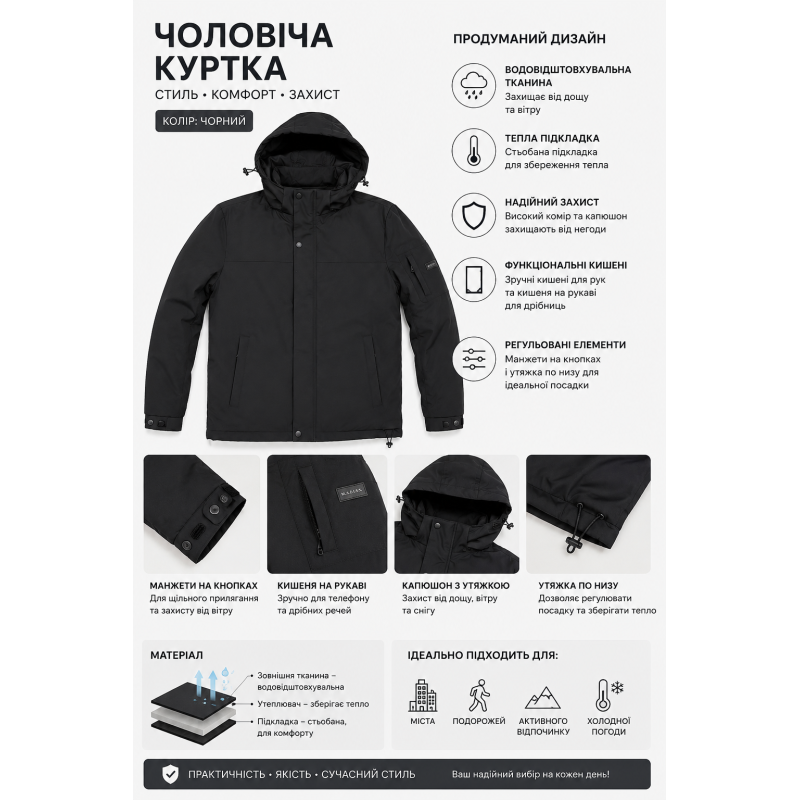 Куртка демисезонная M.a.d.i.s.s. мужская M-4XL на подкладке,Черный, M