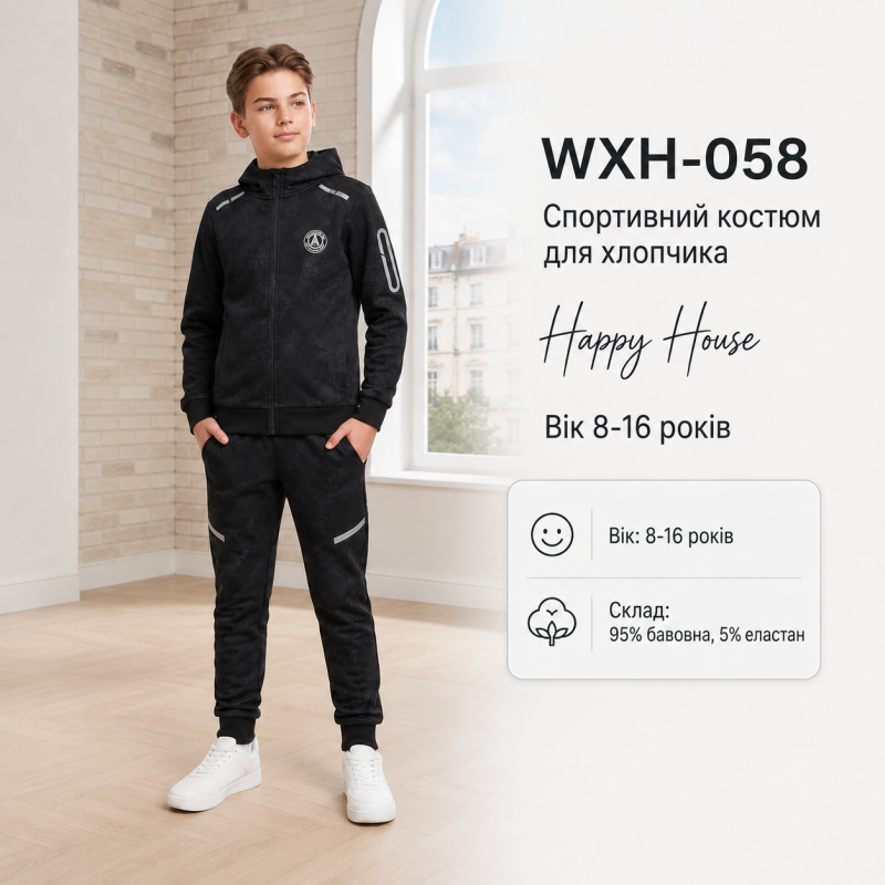 Спортивный костюм Happy House для мальчика 8-16 лет мраморный рисунок,Черный 122-128