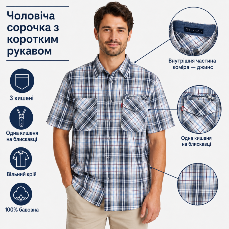 Чоловіча сорочка Gold Golf Man в клітку зі 100% бавовни з коротким рукавом, XXL, Білий з сірим