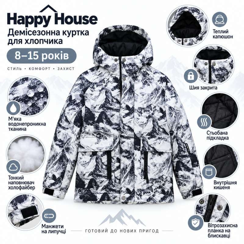 Куртка демисезонная Happy House для мальчика 8-15 лет оверсайз,Бело-серый камуфляж,  152