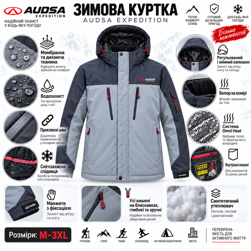 Термокуртка зимняя Audsa мужская M-3XL мембранная Omni-Heat,XL, Серый