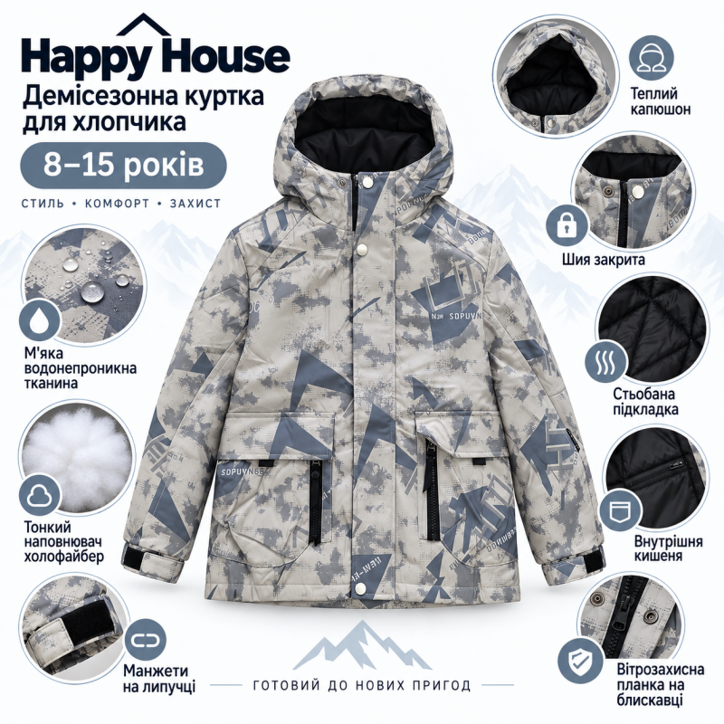 Куртка демисезонная Happy House для мальчика 8-15 лет оверсайз,Оливково-серый камуфляж,  152