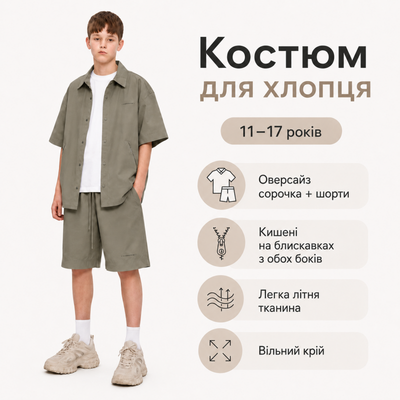 Костюм Q-Bufan для хлопчика 11-17 років - оверсайз сорочка з шортами з мікрофібри холодок,Оливковий 150