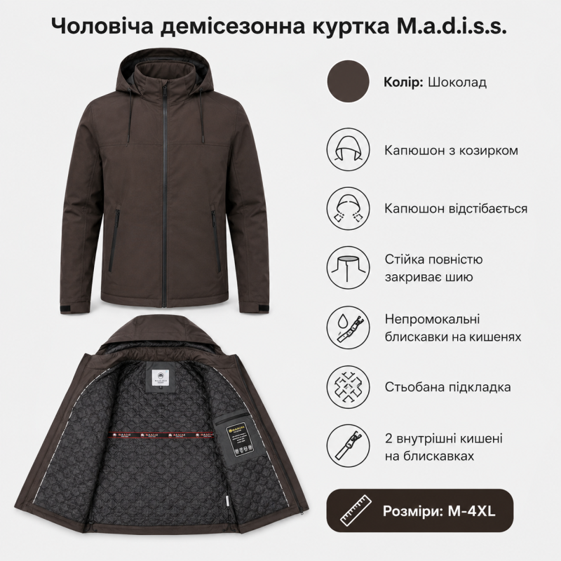 Куртка демисезонная M.a.d.i.s.s. мужская M-4XL,Темный шоколад, L
