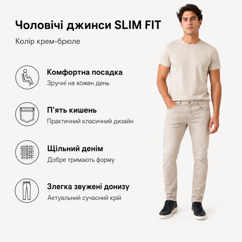 Чоловічі джинси CDEVOIR slim fit звужені, 33, Бежевий