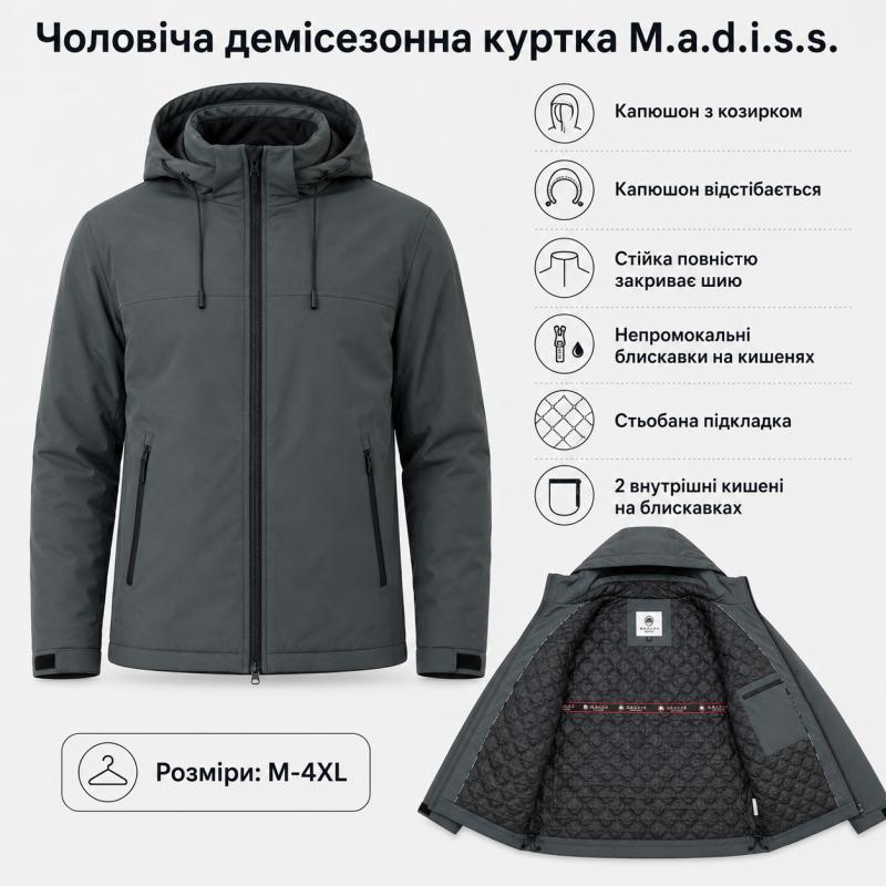 Куртка демисезонная M.a.d.i.s.s. мужская M-4XL,Графитово-оливковый., 4XL