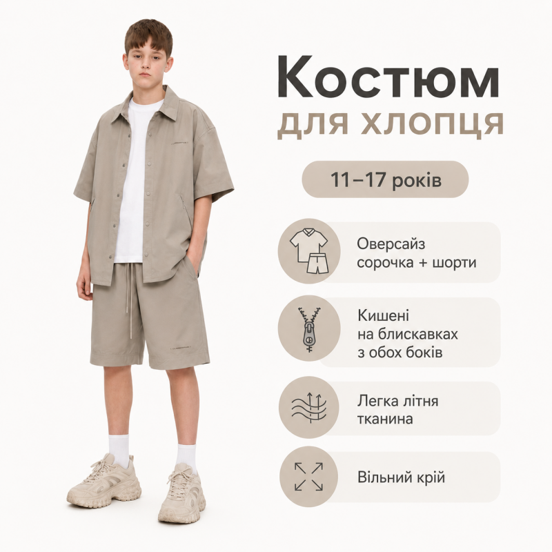Костюм Q-Bufan для хлопчика 11-17 років - оверсайз сорочка з шортами з мікрофібри холодок,Бежевий 180