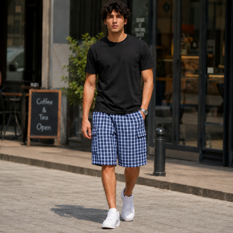 Шорты мужские Sport в клетку 2XL-6XL — летние карго шорты на резинке,Синий с голубым, 4XL