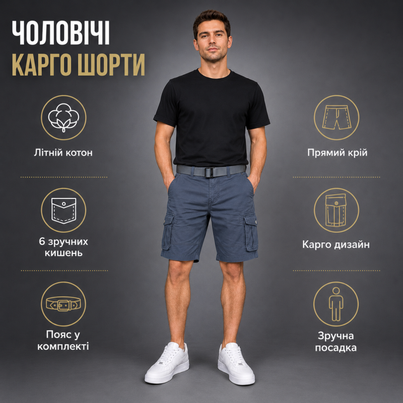 Мужские шорты Lionesa карго с ремнем — коттоновые летние шорты с 6 карманами,40,  Графитовый винтаж