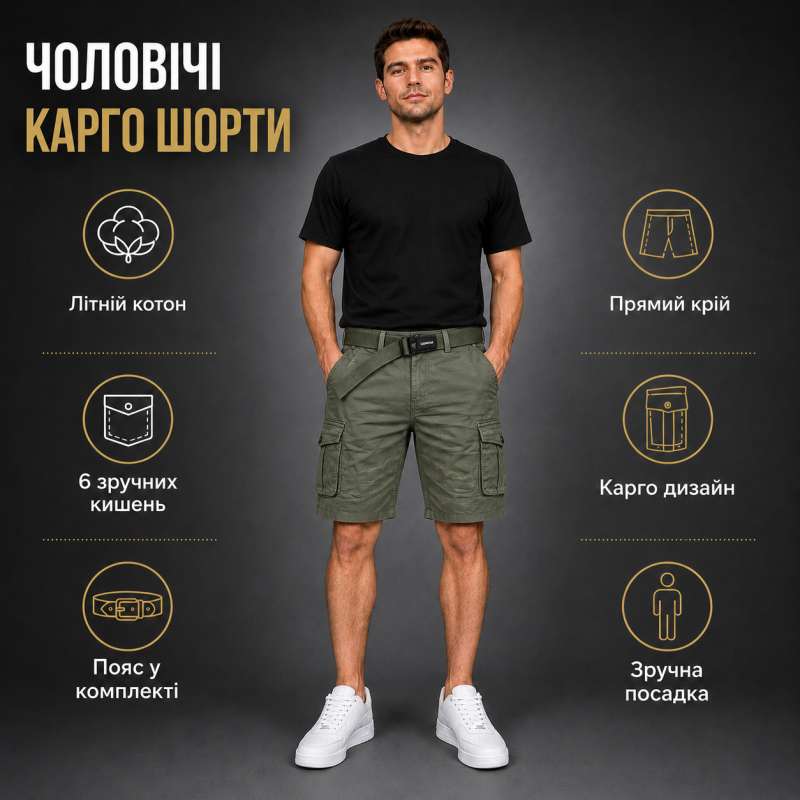 Чоловічі шорти Lionesa карго з ременем - коттонові літні шорти з 6 кишенями,42, Хакі