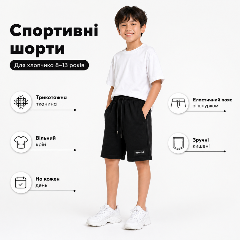 Спортивні шорти ABC для підлітка 9-13 років трикотажні на гумці, 134, Чорний