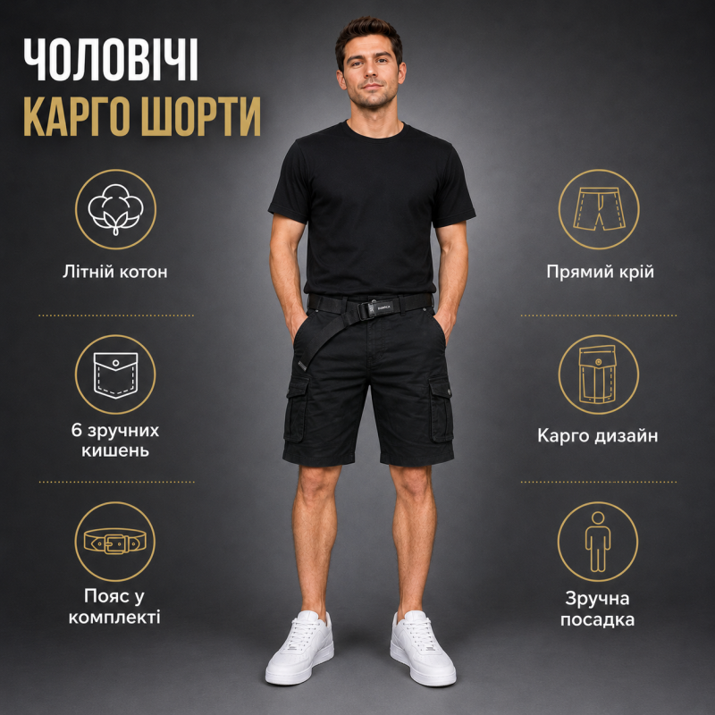 Чоловічі шорти Lionesa карго з ременем — літні шорти коттонові з 6 кишенями,36, Чорний