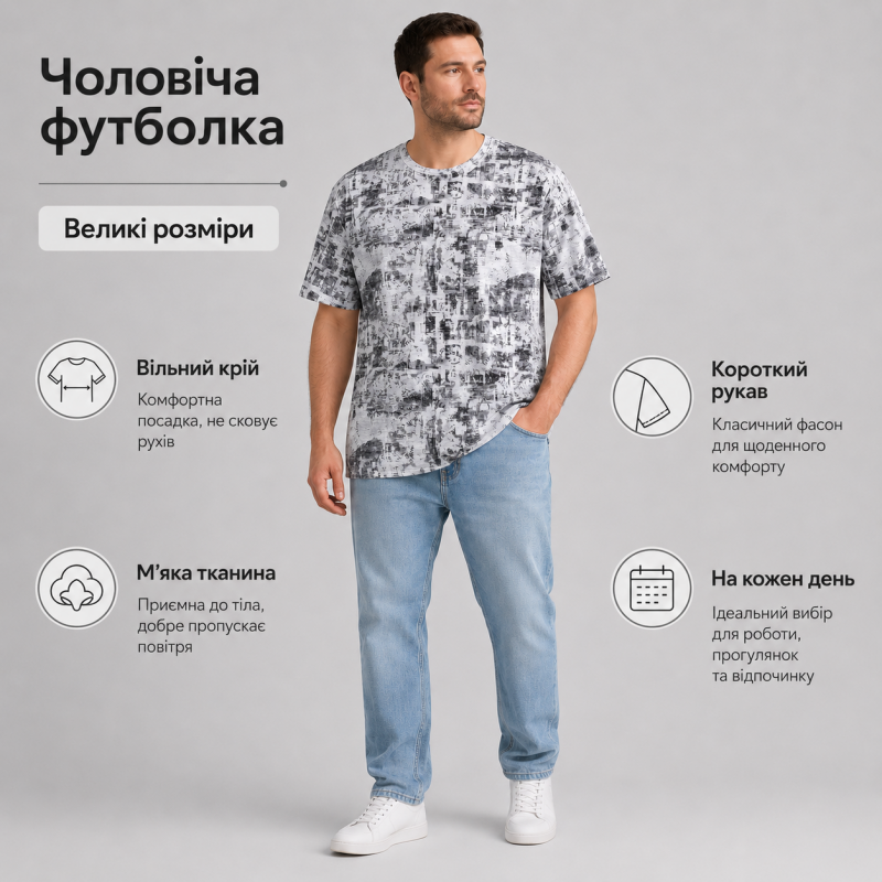 Футболка чоловіча Cracow марлевка 6XL-9XL - великі розміри, вільний крій, 8XL, Сірий