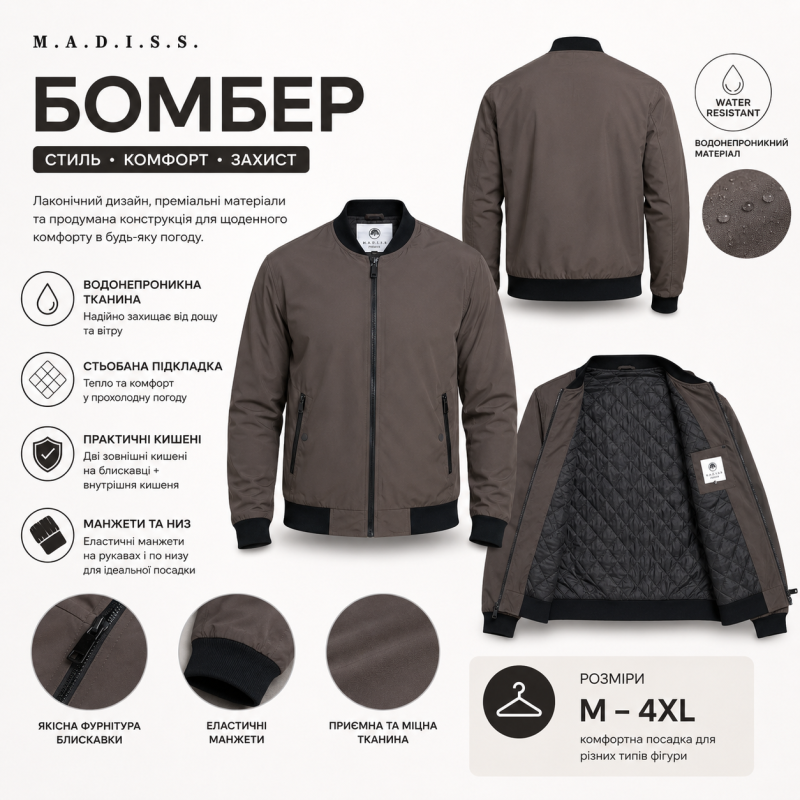 Куртка бомбер демисезонная M.a.d.i.s.s. мужская M-4XL,Темный шоколад, XXXL