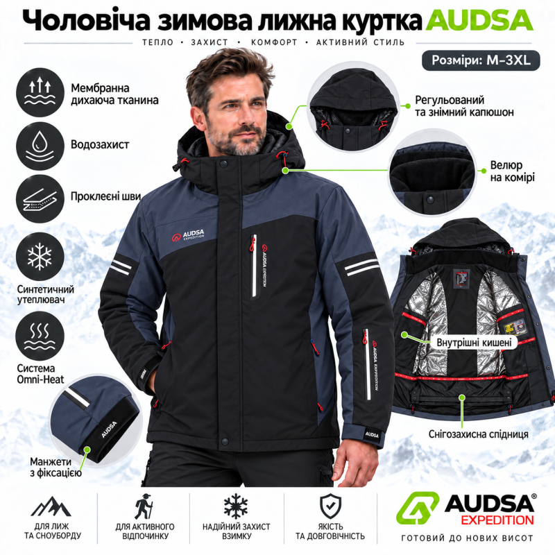Куртка термо зимняя Audsa мужская M-3XL лыжная,Черный,XL