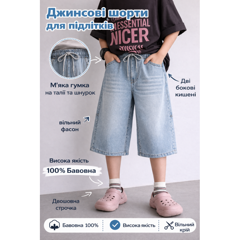 Джинсові шорти для хлопчика баггі Banzai X широкі підліткові на літній гумці, 158, Блакитний