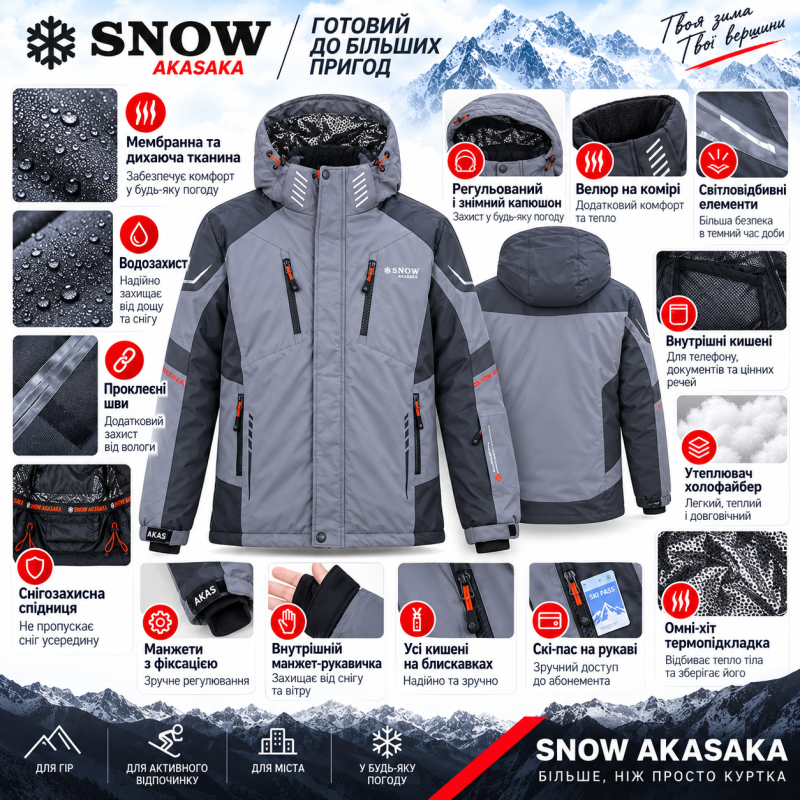 Термокуртка зимняя Snow мужская M-3XL мембранная Omni-Heat,L, Серый