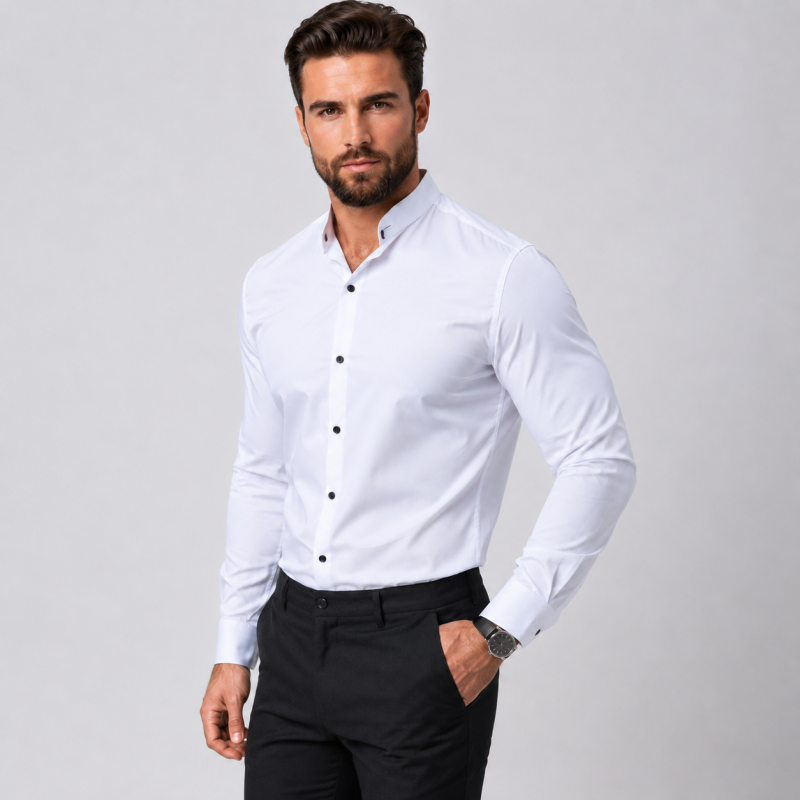 Мужская рубашка Varetti приталенная с воротником-стойкой и черными кнопками,L, Белый
