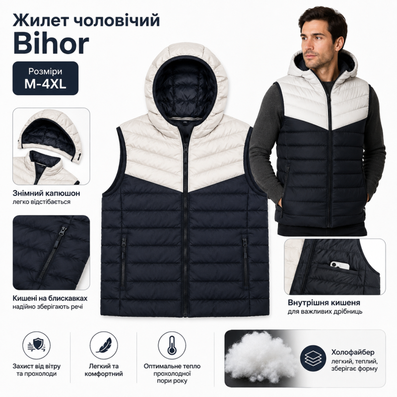Жилет мужской Bihor на холофайбере,4XL, Черный с бежевым