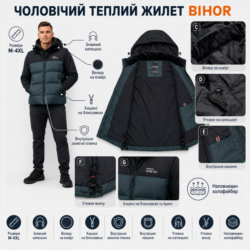 Жилет мужской Bihor утепленный Core-Tex,4XL, Темно-зеленый