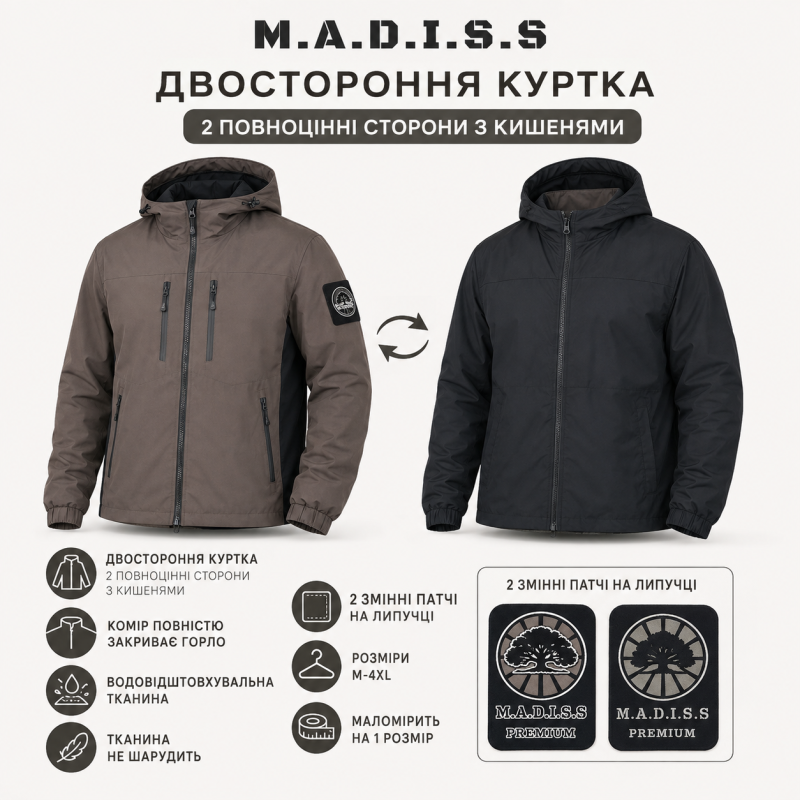 Куртка двусторонняя M.a.d.i.s.s. мужская с капюшоном на холлофайбере,Коричневый, XXXL