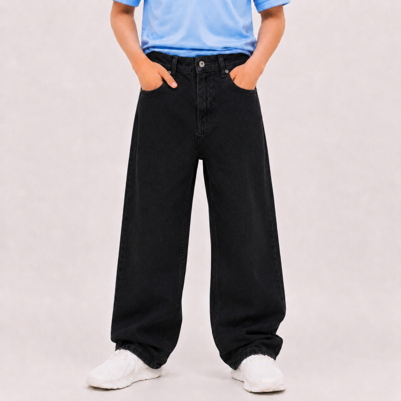 Джинсы багги Willmen для мальчика 9-17 лет с утяжкой на поясе,Черный 158