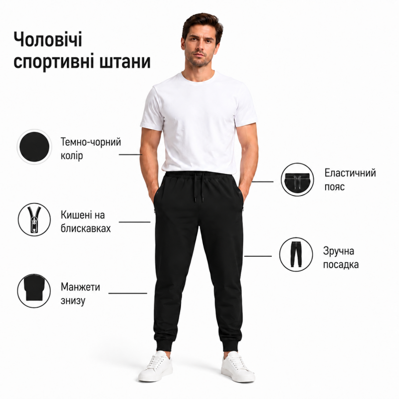 Спортивні штани Lonn чоловічі з манжетом - полірована бавовна, 3 кишені на блискавці, L, Чорний
