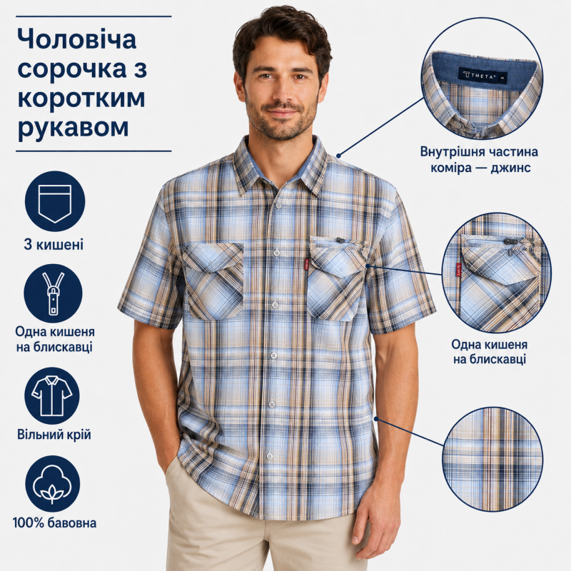 Чоловіча сорочка Gold Golf Man в клітинку зі 100% бавовни з коротким рукавом, 5XL, Блакитний з бежевим