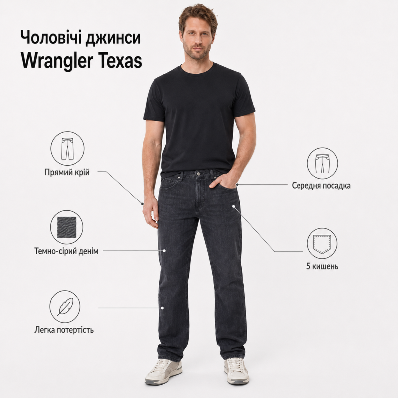Джинсы мужские Wrangler Regular прямые 100% коттон,40  Темно-серый графит