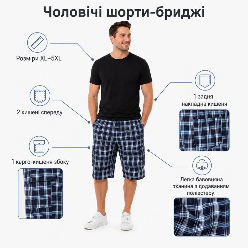 Мужские бриджи Sport в клетку XL-5XL — легкие шорты с карго карманом,Синий с голубым, XXXL