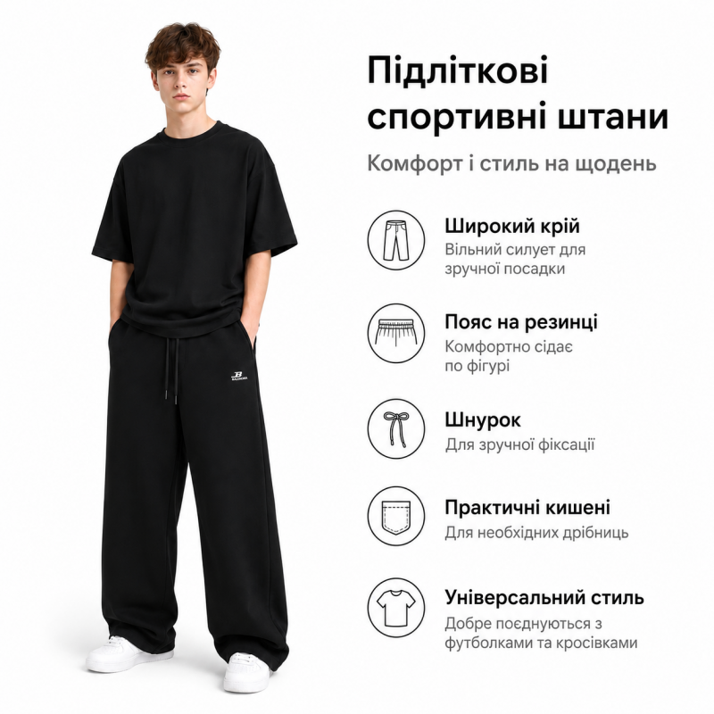 Спортивні штани GMWL баггі для хлопчика 12-17 років - широкі підліткові штани,Чорний, 160