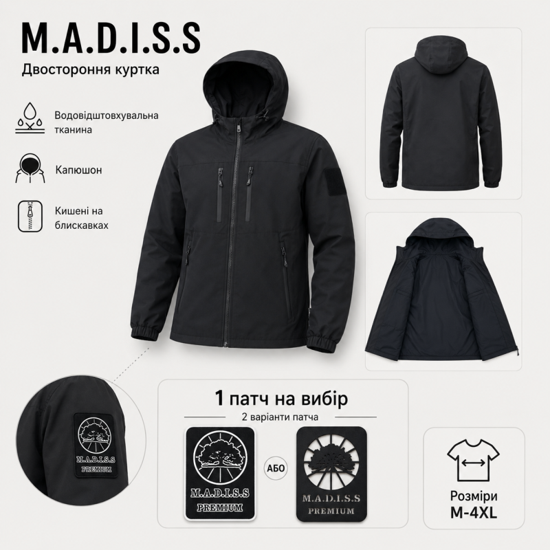 Куртка двусторонняя M.a.d.i.s.s. мужская с капюшоном на холлофайбере,Черный, XXL
