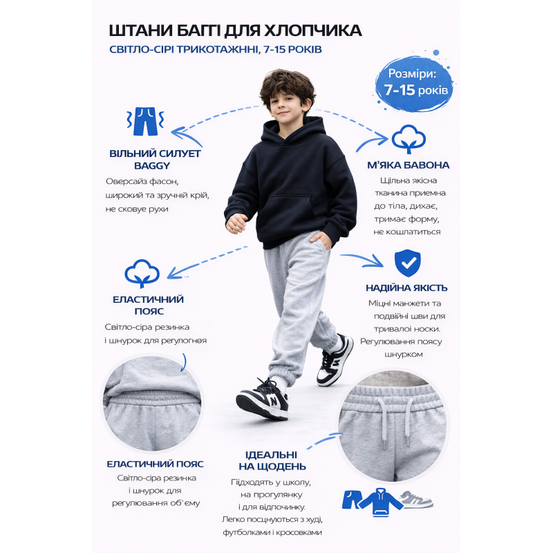 Спортивні штани KDBB для хлопчика 6-10 років — широкі з євроманжетом,134 Світло-сірий
