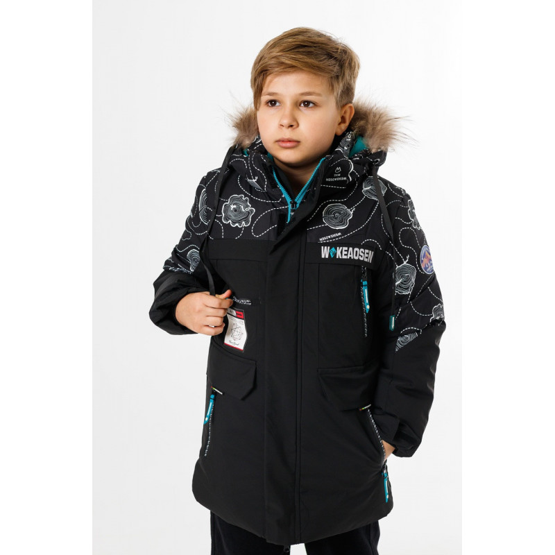 Куртка зимняя для мальчика 9-13 лет WKAS  , Черный с бирюзовым, 134