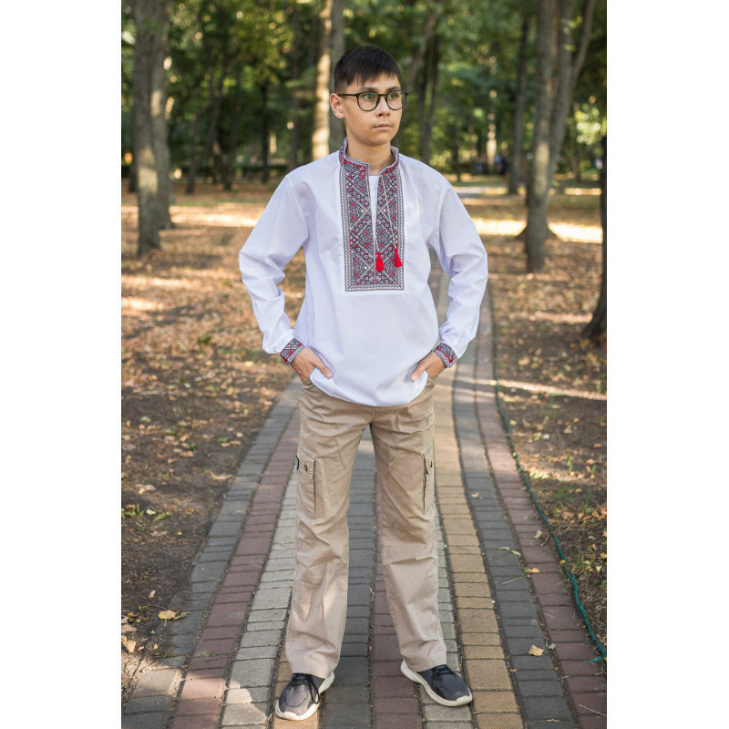 Подростковая вышиванка для мальчика 12–17 лет батист хлопок с воротником-стойкой,164,  Белый с красным