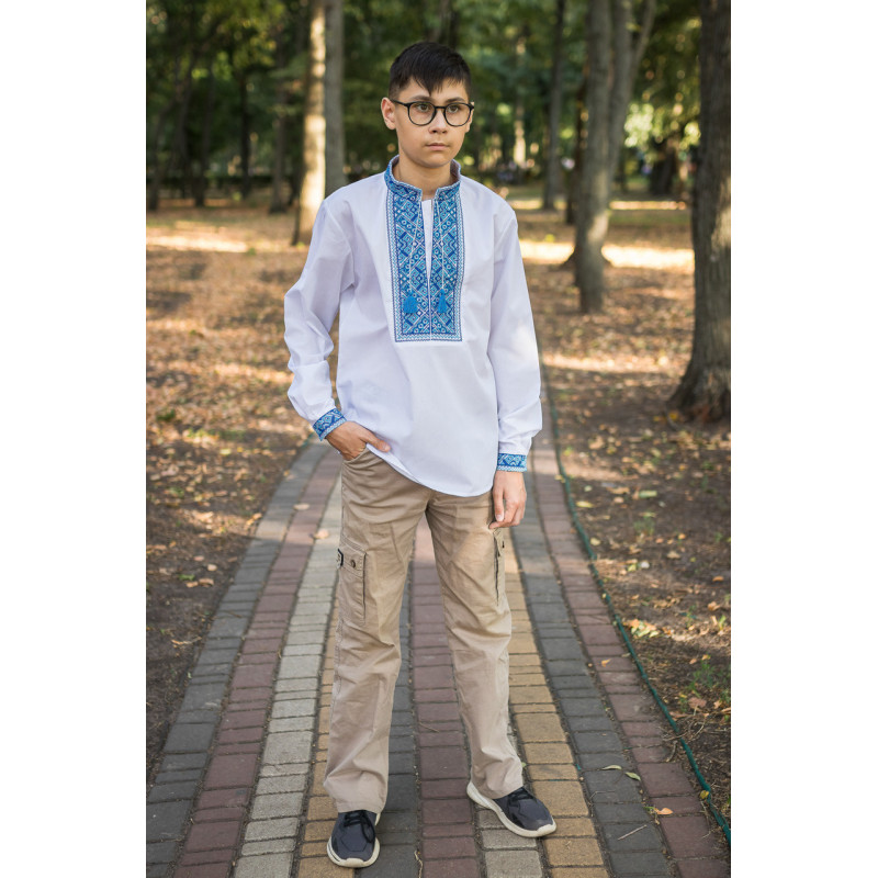 Подростковая вышиванка для мальчика 12–17 лет батист хлопок с воротником-стойкой,158,  Белый с синим