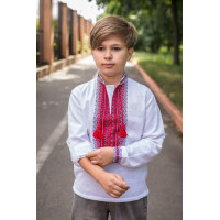 Вышиванка для мальчика 6–13 лет, лен,рукав трансформер, ,140, Белый с красным