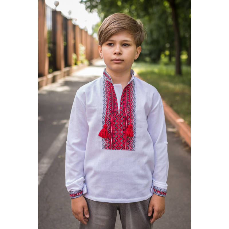 Вышиванка для мальчика 6–13 лет, лен,рукав трансформер, ,140, Белый с красным