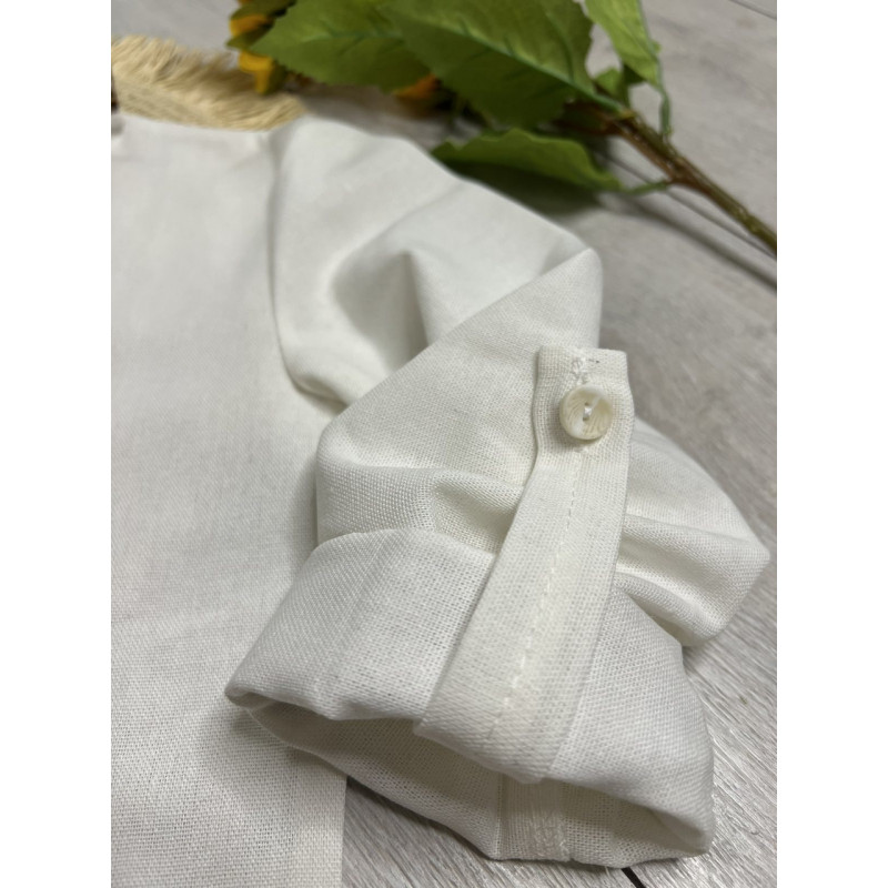 Вышиванка для мальчика 6–13 лет, лен,рукав трансформер, ,158, Белый с синим