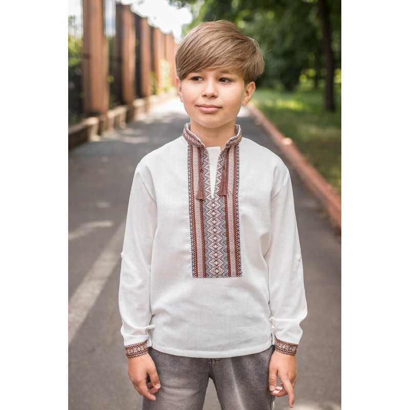 Вышиванка для мальчика 6–13 лет, лен,рукав трансформер, ,158, Белый с синим