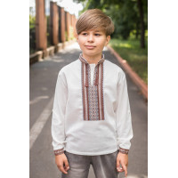 Вышиванка для мальчика 6–13 лет, лен,рукав трансформер, ,122, Белый с коричневым