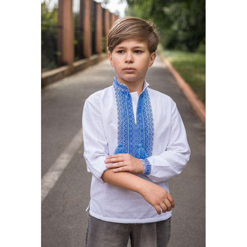 Вышиванка для мальчика 6–13 лет, лен,рукав трансформер, ,158, Белый с синим