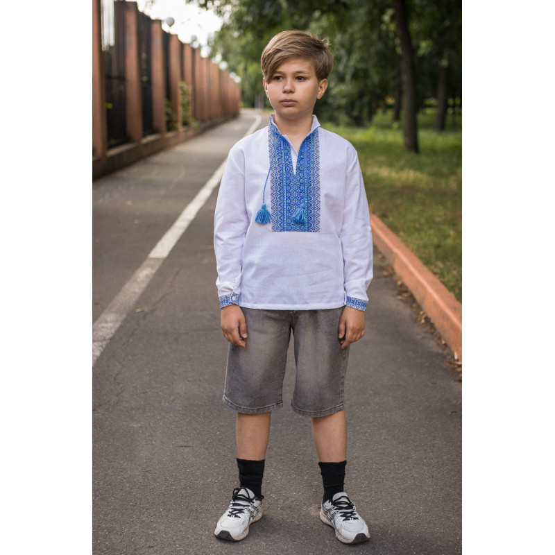 Вышиванка для мальчика 6–13 лет, лен,рукав трансформер, ,158, Белый с синим