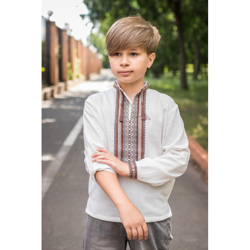 Вышиванка для мальчика 6–13 лет, лен,рукав трансформер, ,122, Белый с коричневым