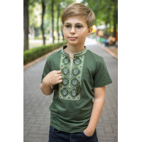 Детская футболка-вышиванка для мальчика 3–15 лет Kosar, 100% хлопок, вышивка тризуб ,128, Хаки