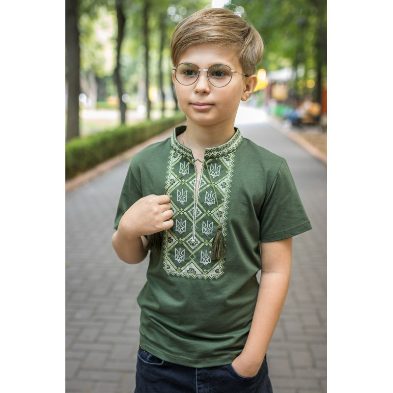 Детская футболка-вышиванка для мальчика 3–15 лет Kosar, 100% хлопок, вышивка тризуб ,128, Хаки