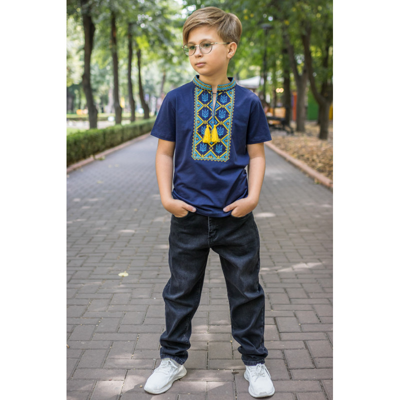 Детская футболка-вышиванка для мальчика 3–15 лет Kosar, 100% хлопок, вышивка тризуб ,164, Темно-синий