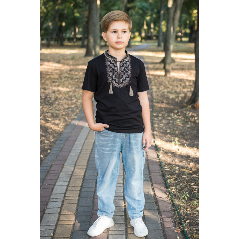 Детская футболка-вышиванка для мальчика 3–15 лет Kosar, 100% хлопок,короткий рукав 98, Черный
