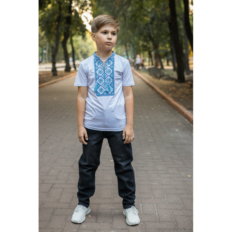 Вышиванка  Kosar для мальчика 2-16 лет с коротким рукавом , 116, Белый с синим